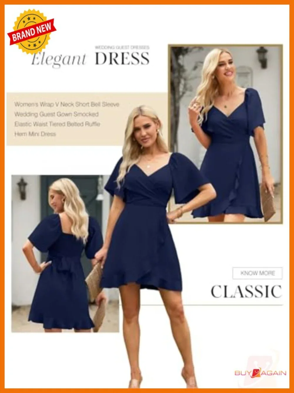 Wrap V Neck Smocked Waist Tiered Mini Dress with Flared Sleeves and Belt